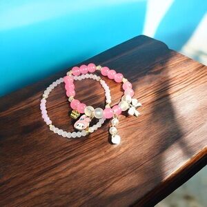 Pink Beaded Stretchy Bracelet My Melody Charm Set